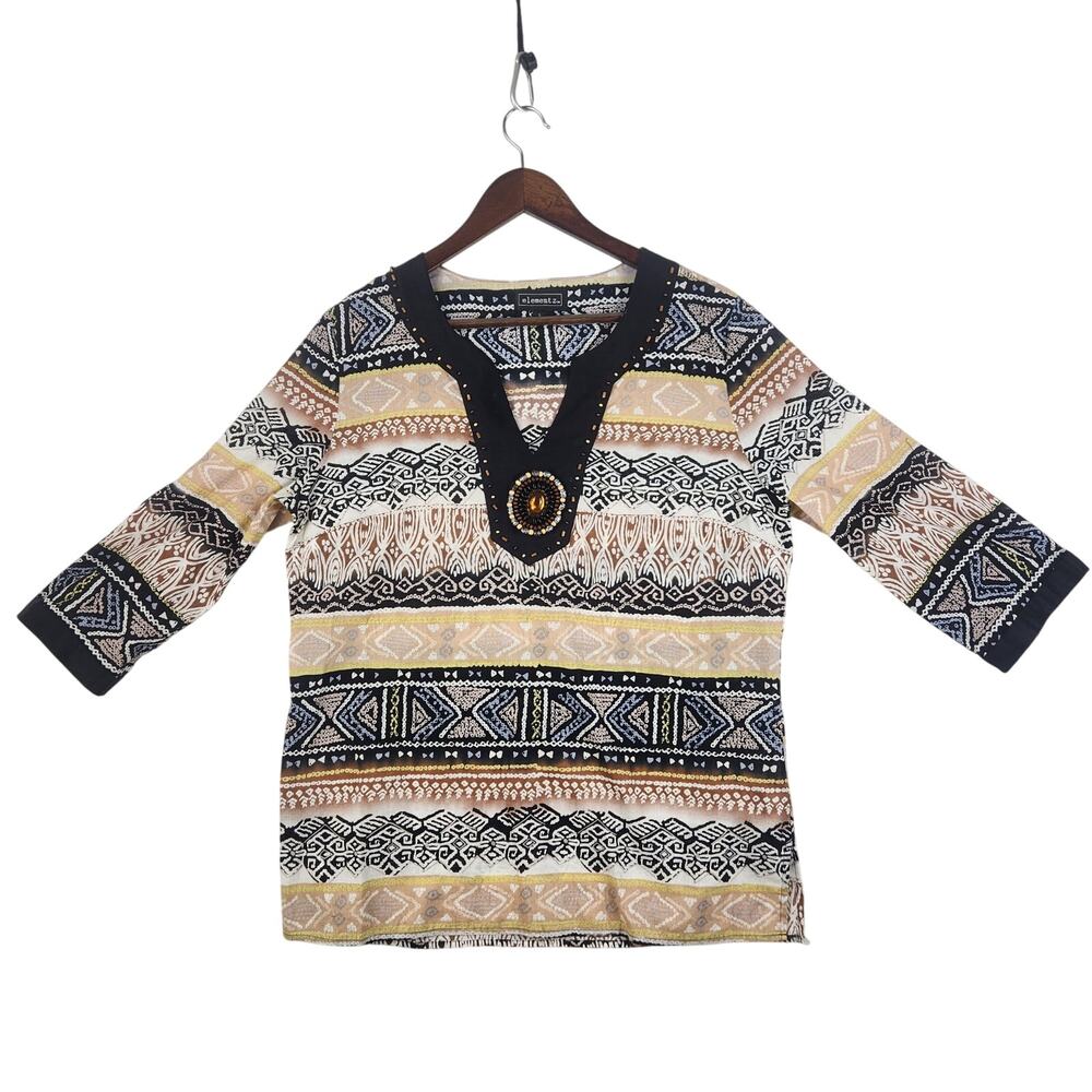 Elementz Women's V-Neck Aztec Print Tunic Size L Beaded Decoration Front EUC